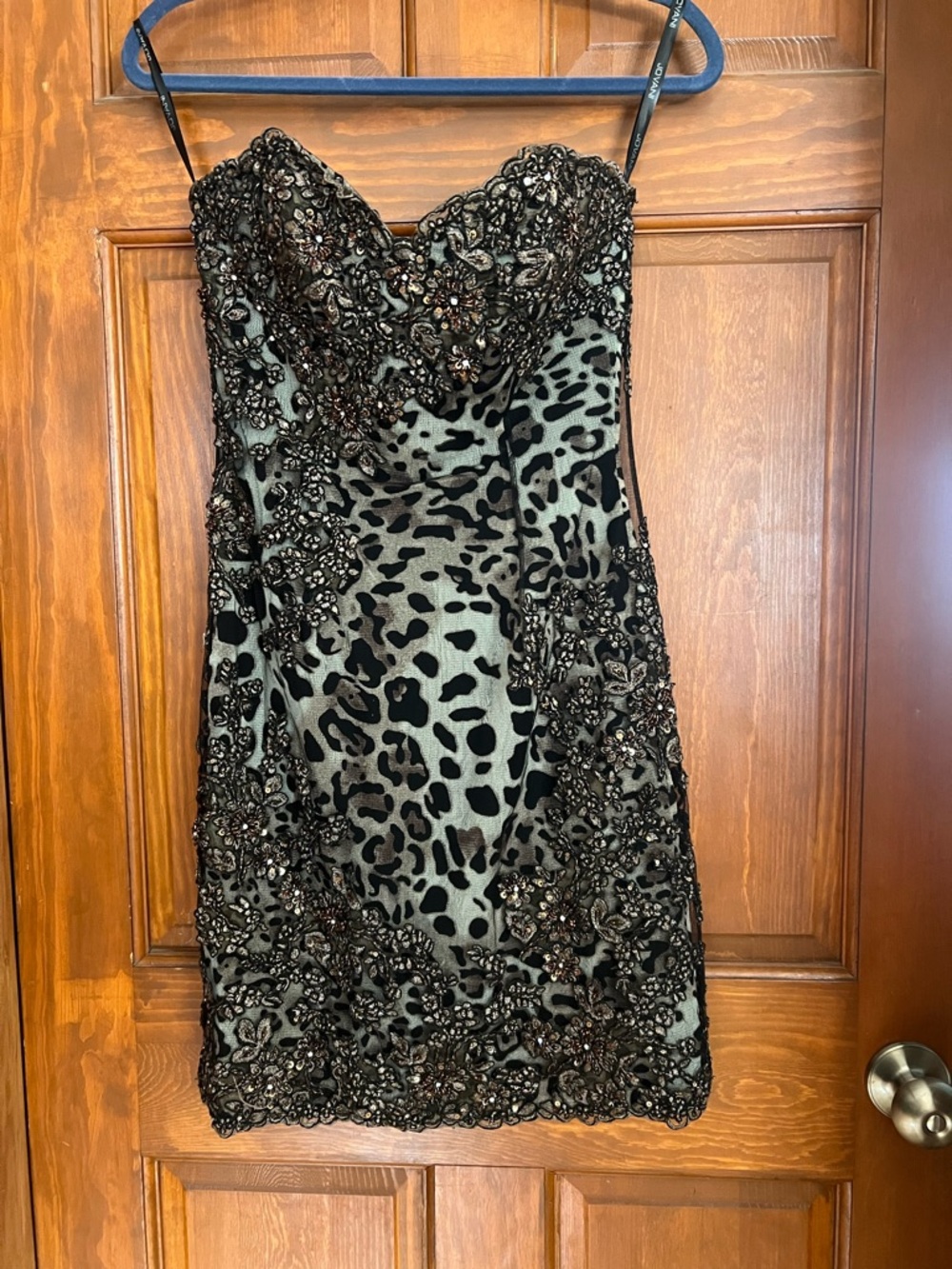 Jovani Black and Taupe Leopard-Print Embellished Strapless Mini Dress
